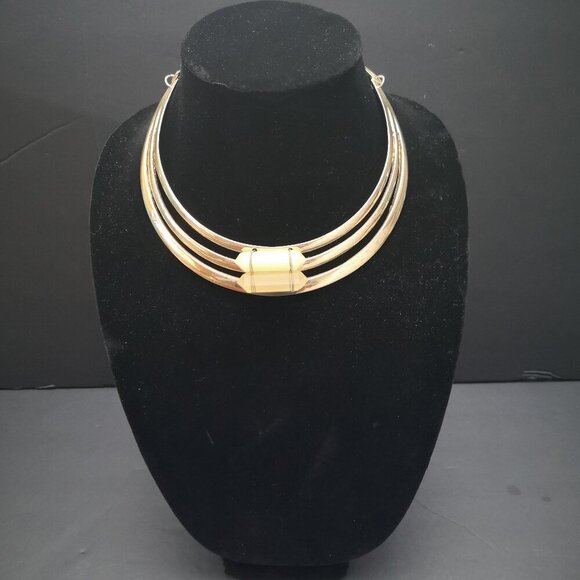 Dynamite Gold Tone Statement Choker with Green & Yellow Faux Stones on Front - Picture 1 of 4